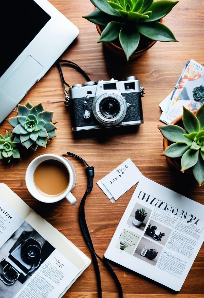 A stylish flat lay of trendy fashion items including a vintage camera, a succulent plant, and a laptop displaying a vibrant blog page. Surrounding these elements are colorful lifestyle magazines and a steaming cup of coffee. The background features soft natural light to evoke a warm and inviting atmosphere. This composition should reflect both youthful energy and timeless elegance. vivid colors. soft focus. natural light.