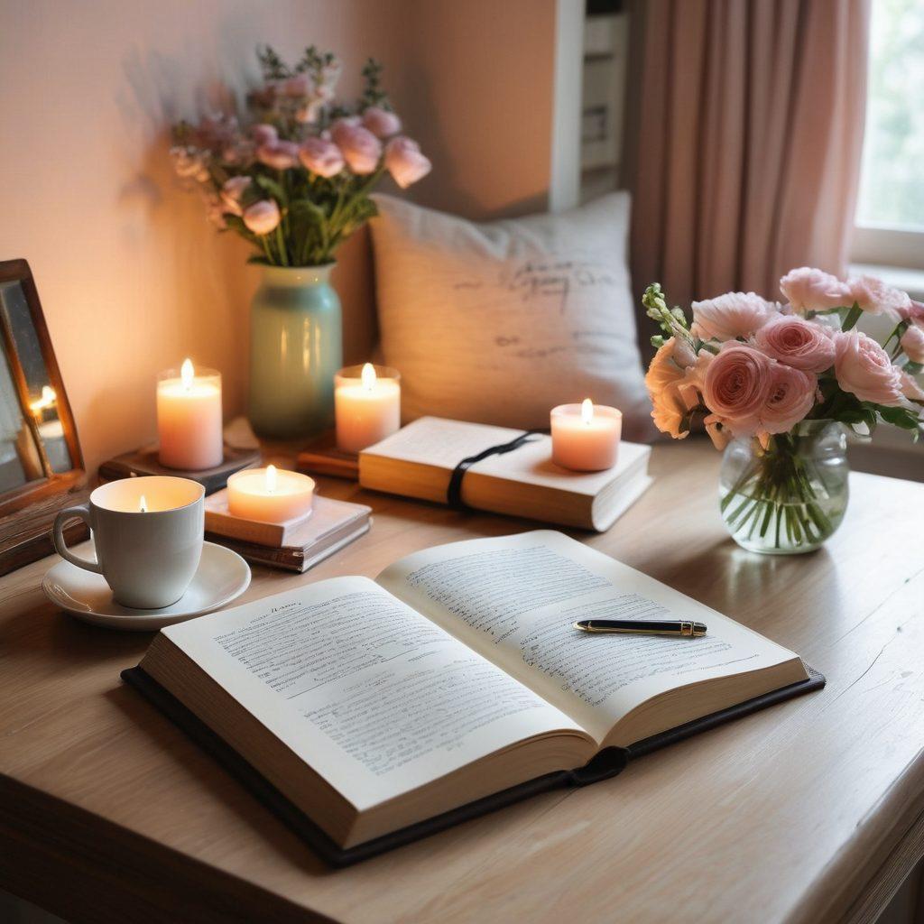 A cozy, elegant workspace featuring a beautifully designed journal with soft, flowing script, surrounded by candles and fresh flowers. The room is softly lit, creating an inviting atmosphere, with vintage decor elements and a laptop open to a blogging platform, embodying modern charm. Include a steaming cup of tea or coffee beside the journal, suggesting a warm, contemplative space. Soft pastel colors. dreamy lighting.