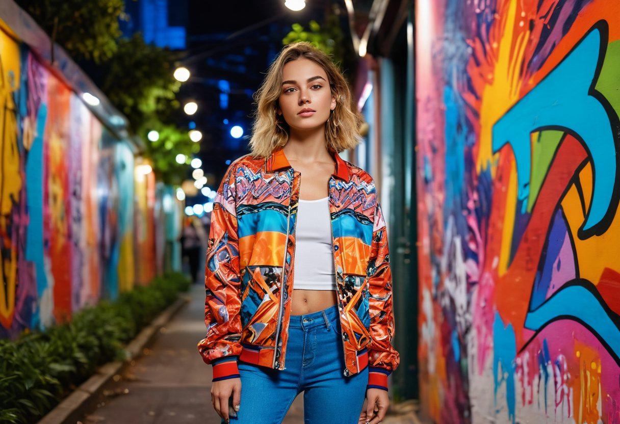 A youthful figure radiating confidence, surrounded by colorful abstract patterns symbolizing youth culture. The figure is dressed in vibrant clothing, posing energetically amidst a lively urban backdrop featuring street art and greenery. Soft lights illuminate the scene, enhancing the allure and charm. The composition invites viewers to embark on a sensual and adventurous journey. super-realistic. vibrant colors. urban setting. soft lighting.